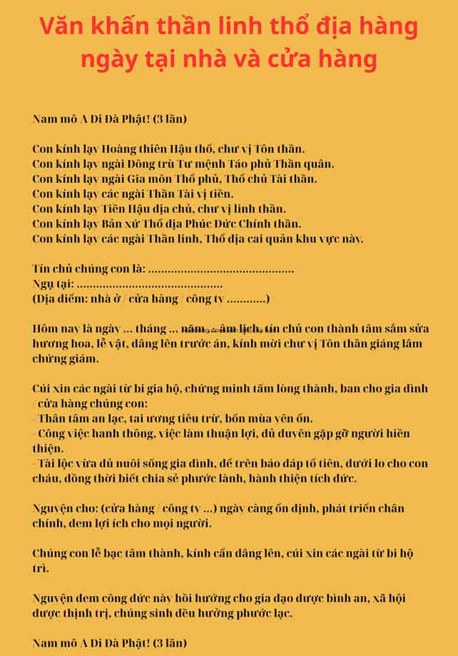Văn khấn thần linh thổ địa hàng ngày tại nhà và cửa hàng theo tinh thần Phật Pháp. 1 Văn Khấn Thần Linh Thổ Địa hàng ngày tại nhà và cửa hàng