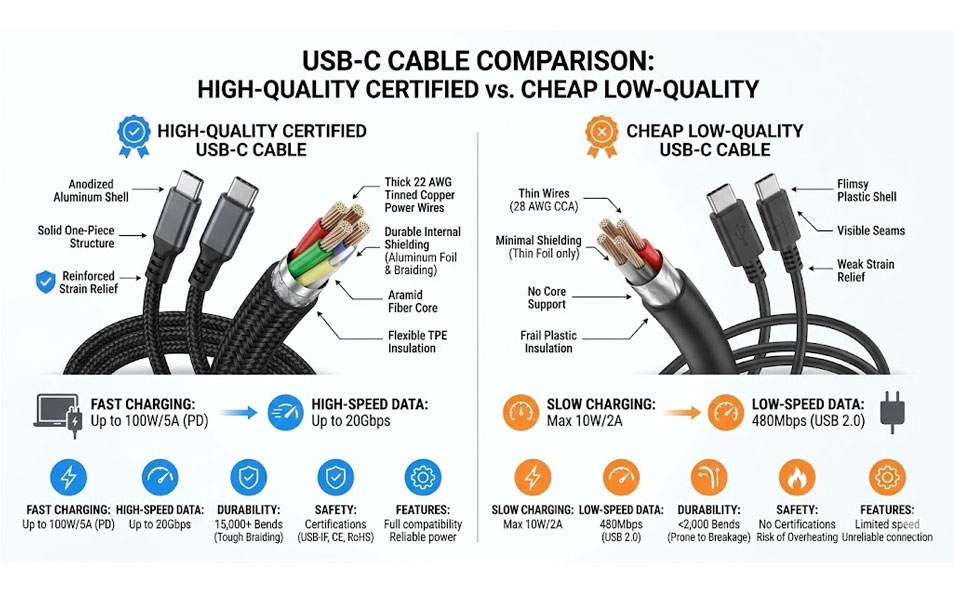 So sánh cáp USB-C chất lượng và cáp giá rẻ